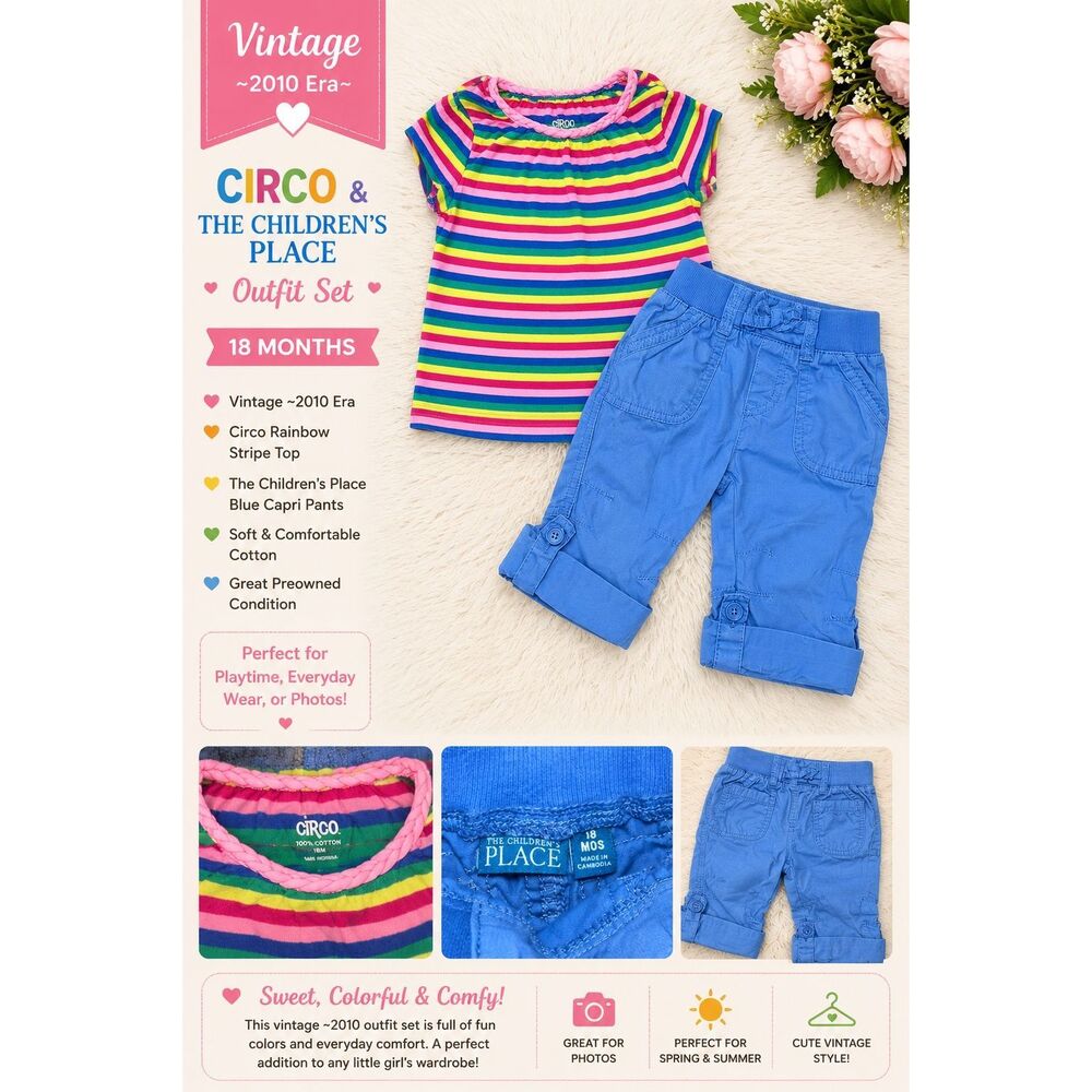 Vintage 2010 Rainbow Stripe Circo Top & Blue Capri Pants Set 18M